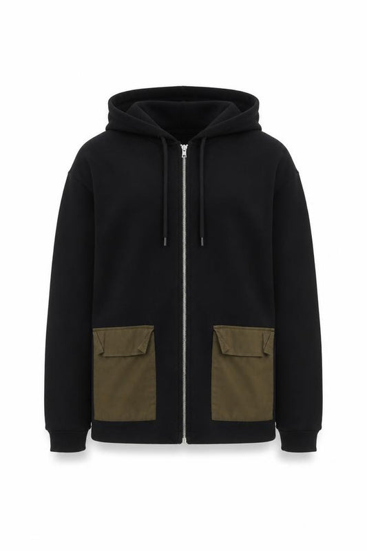 ASOS Men’s Black M Full Zip Hoodie Khaki Utility Pockets Cotton