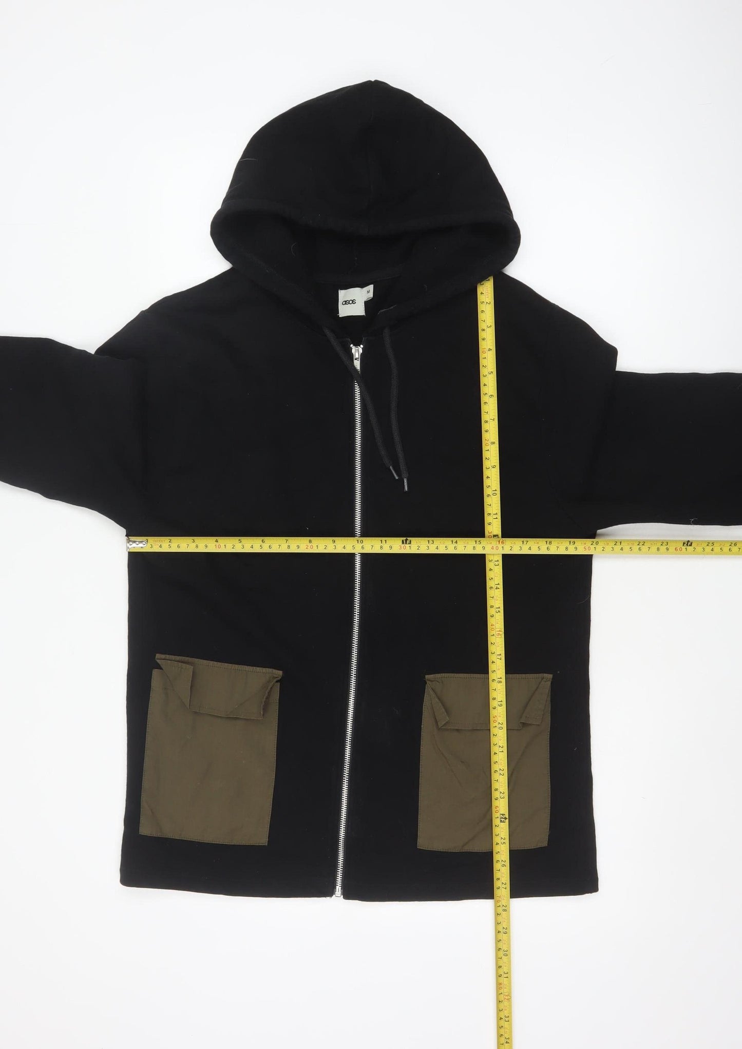 ASOS Men’s Black M Full Zip Hoodie Khaki Utility Pockets Cotton