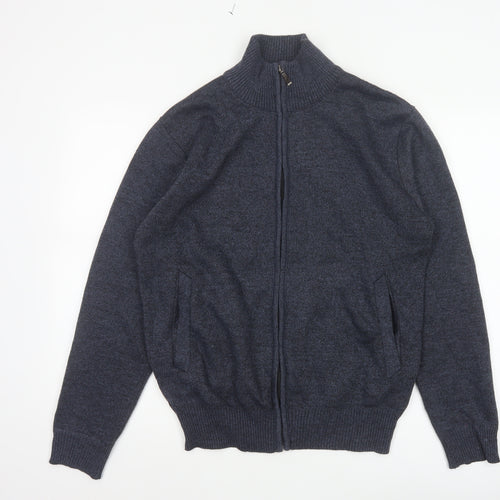Andevid Men’s Blue L Full Zip High Neck Knit Jumper Pockets