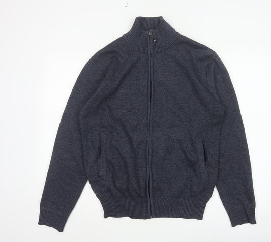 Andevid Men’s Blue L Full Zip High Neck Knit Jumper Pockets