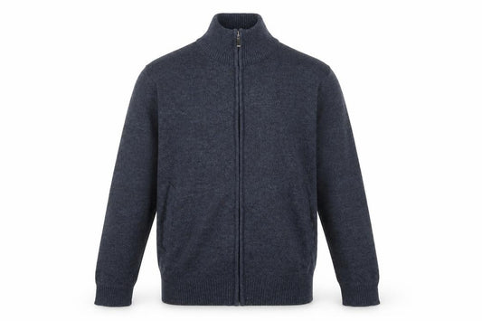 Andevid Men’s Blue L Full Zip High Neck Knit Jumper Pockets