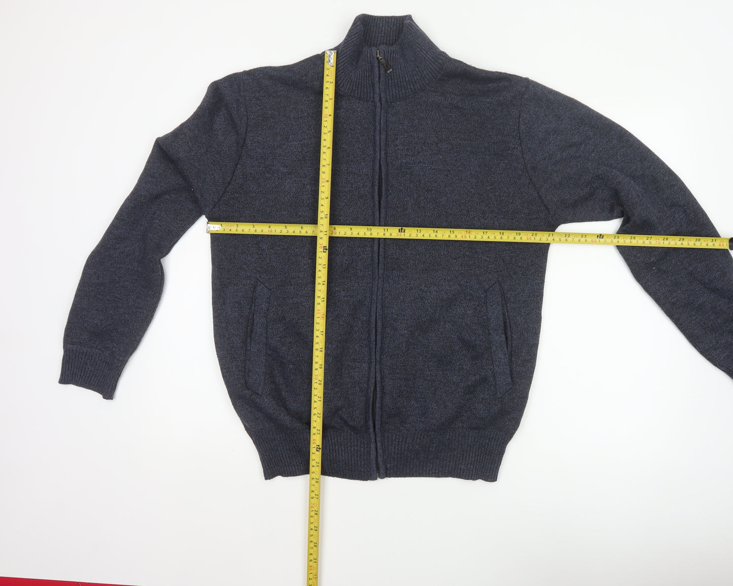 Andevid Men’s Blue L Full Zip High Neck Knit Jumper Pockets