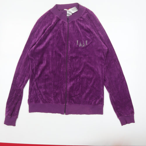 Elle Sport Women’s Purple XL Velour Bomber Jacket Rhinestone Heart