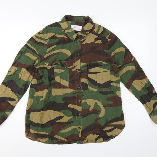 Zara Woman Green Camo Button-Up Shirt UK 14 Long Sleeve Cotton