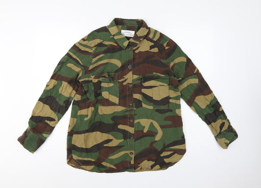 Zara Woman Green Camo Button-Up Shirt UK 14 Long Sleeve Cotton