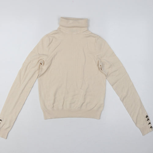 Pimkie Women Beige S Roll Neck Knit Pullover Jumper Button Cuffs