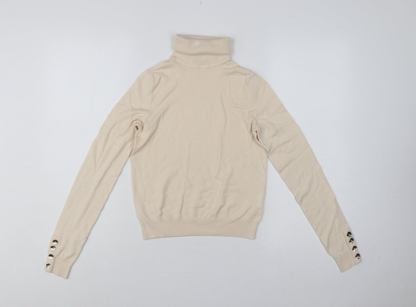 Pimkie Women Beige S Roll Neck Knit Pullover Jumper Button Cuffs