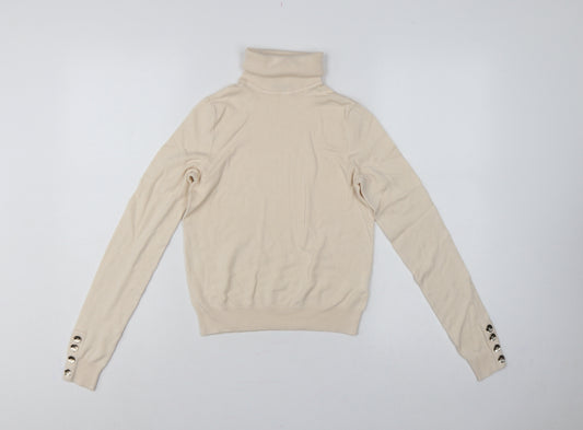 Pimkie Women Beige S Roll Neck Knit Pullover Jumper Button Cuffs