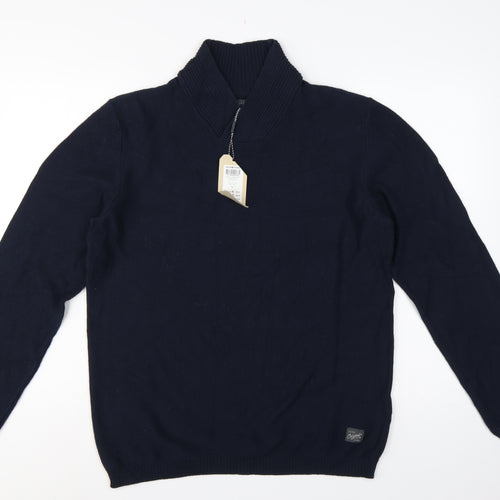 Jack & Jones Men Navy L Shawl Neck 1/4 Zip Cotton Knit Jumper