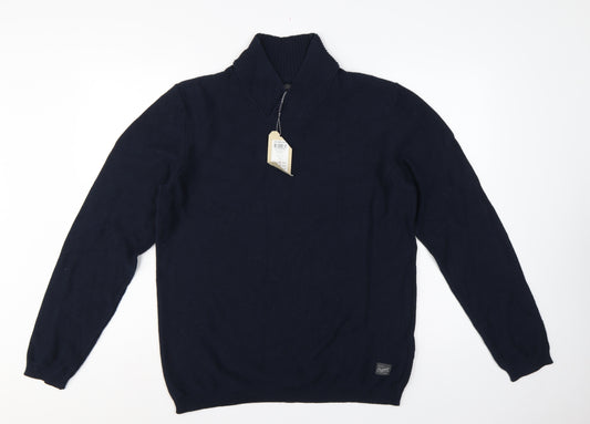Jack & Jones Men Navy L Shawl Neck 1/4 Zip Cotton Knit Jumper
