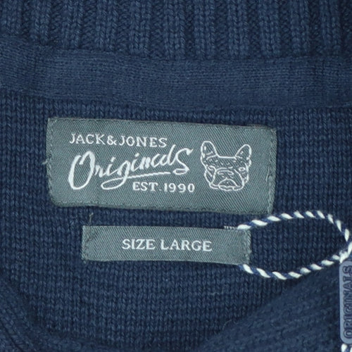 Jack & Jones Men Navy L Shawl Neck 1/4 Zip Cotton Knit Jumper