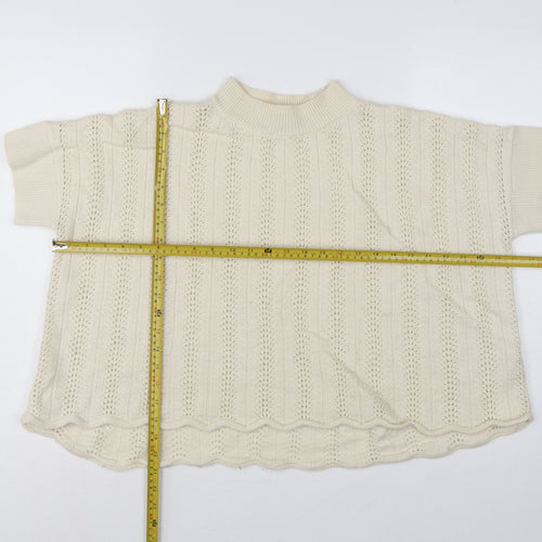 French Connection Women Ivory S Wool Open-Knit Short Sleeve Jumper
