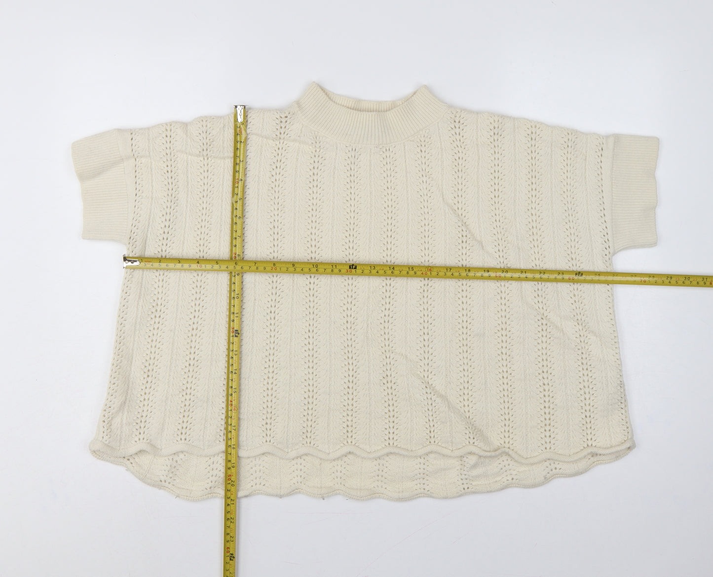 French Connection Women Ivory S Wool Open-Knit Short Sleeve Jumper