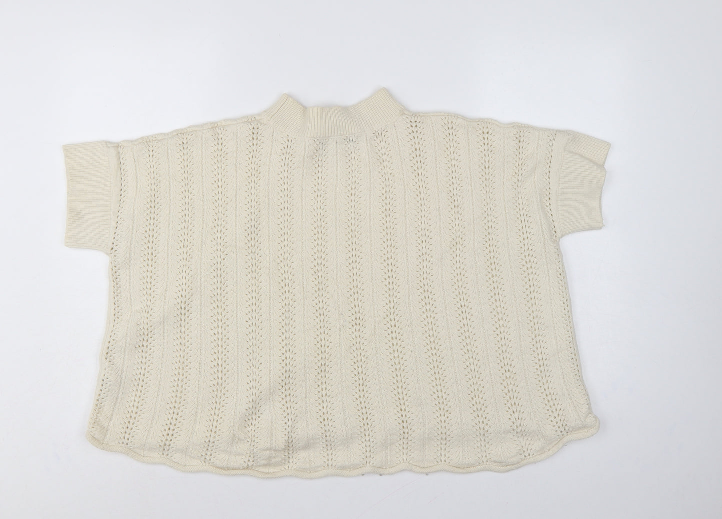 French Connection Women Ivory S Wool Open-Knit Short Sleeve Jumper