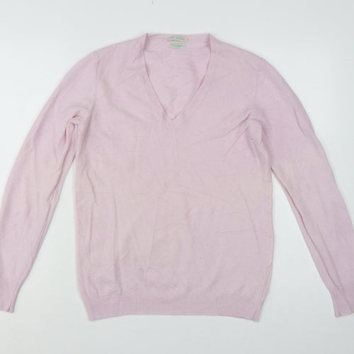 Style Benetton Women Pink Merino Wool V-Neck Knit Jumper Size L