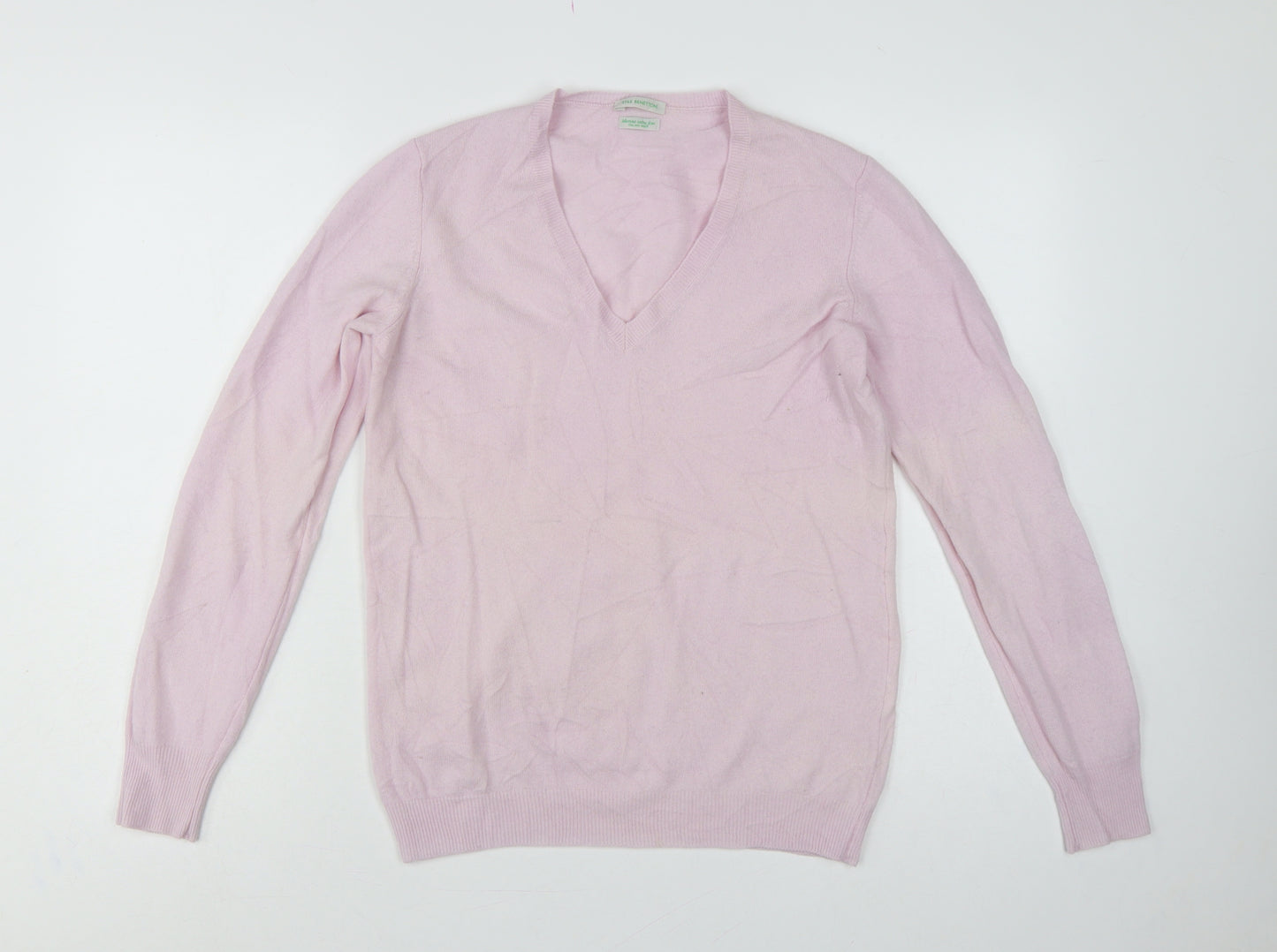 Style Benetton Women Pink Merino Wool V-Neck Knit Jumper Size L