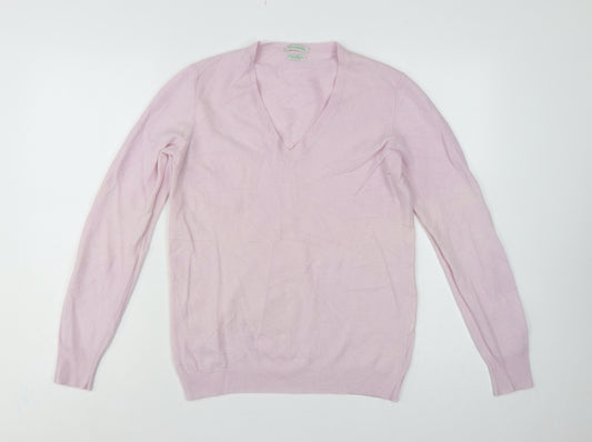 Style Benetton Women Pink Merino Wool V-Neck Knit Jumper Size L