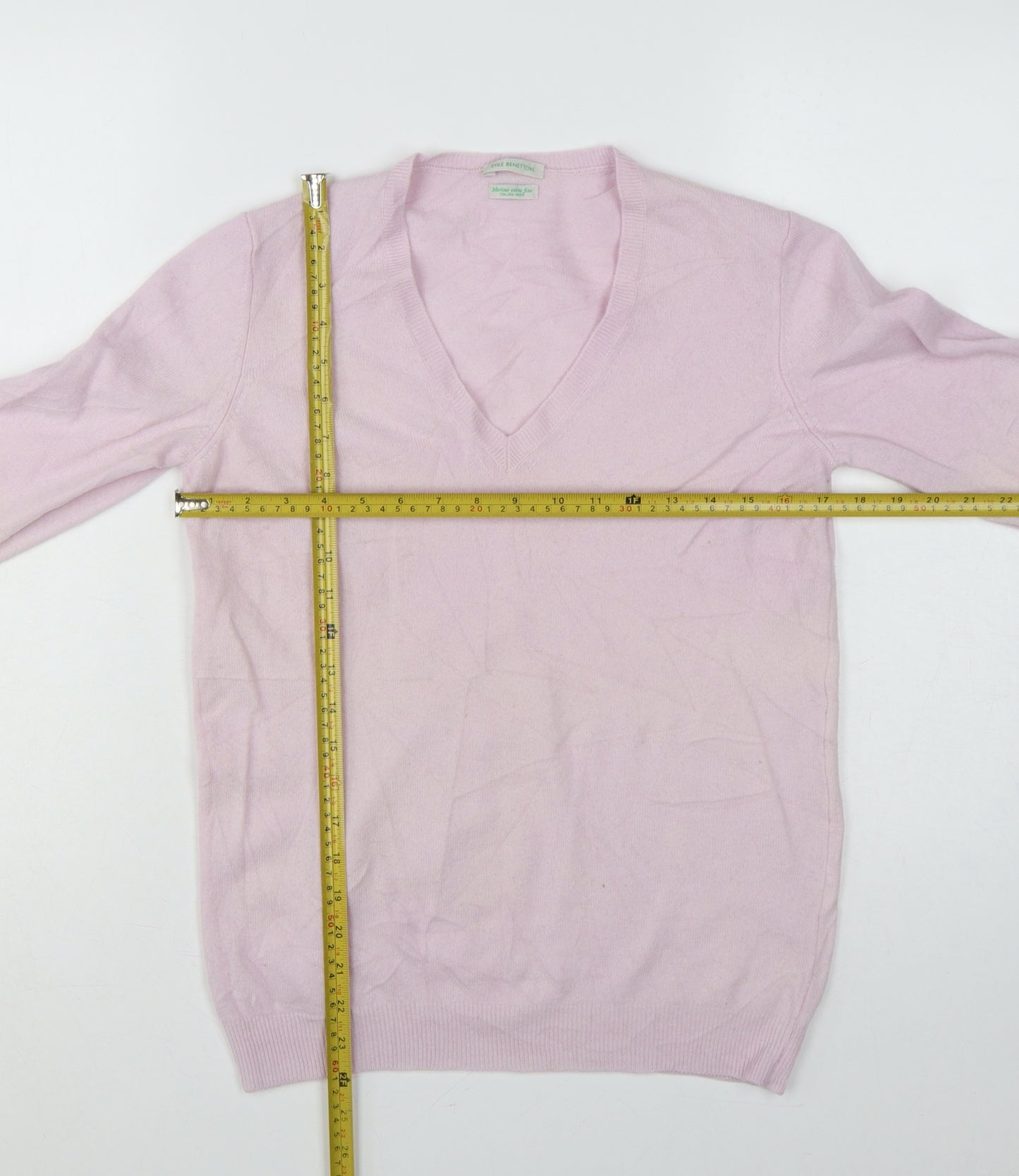 Style Benetton Women Pink Merino Wool V-Neck Knit Jumper Size L