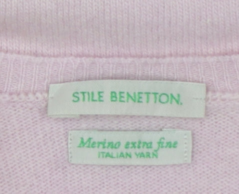 Style Benetton Women Pink Merino Wool V-Neck Knit Jumper Size L