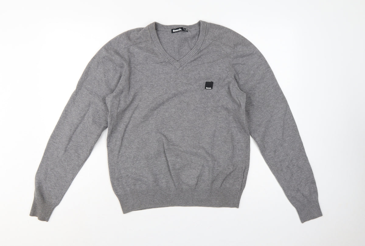 Back view of Bench Men’s Grey, size S, V-Neck Logo Knit jumper