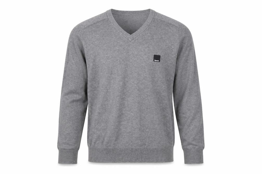 Front view of Bench Men’s Grey, size S, V-Neck Logo Knit jumper