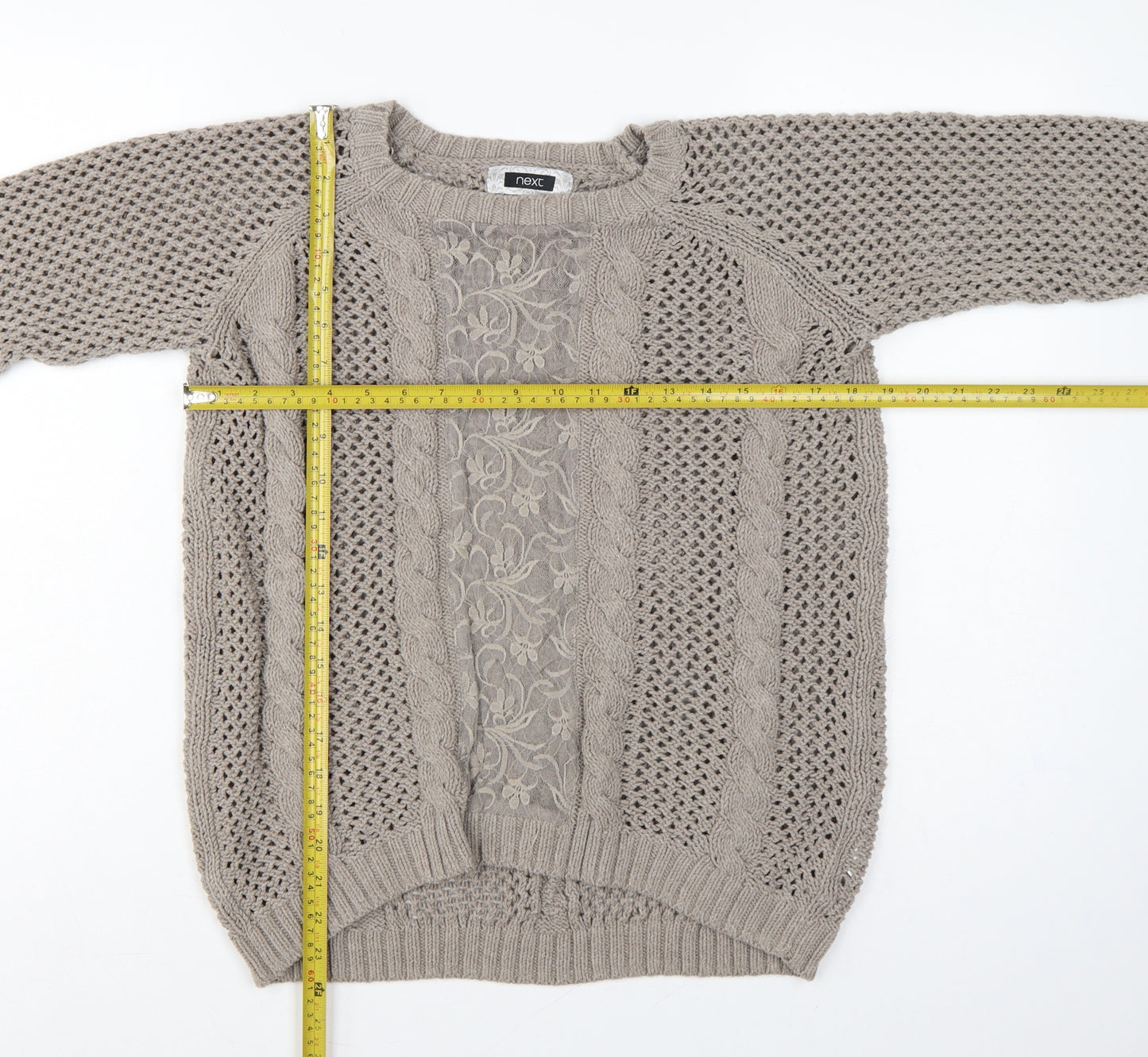 Next Women’s Beige UK 10 Cable Knit Lace Panel Open Cardigan