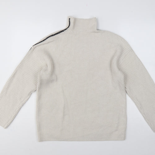Marks and Spencer Women Ivory M Ribbed High Neck Jumper Contrast Trim