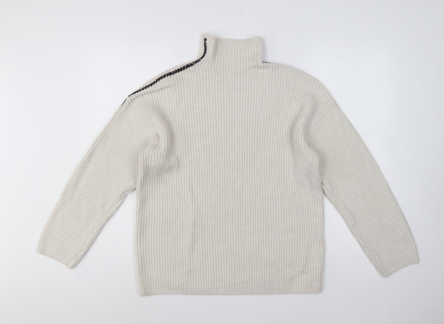 Marks and Spencer Women Ivory M Ribbed High Neck Jumper Contrast Trim