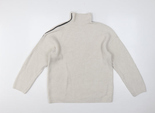 Marks and Spencer Women Ivory M Ribbed High Neck Jumper Contrast Trim