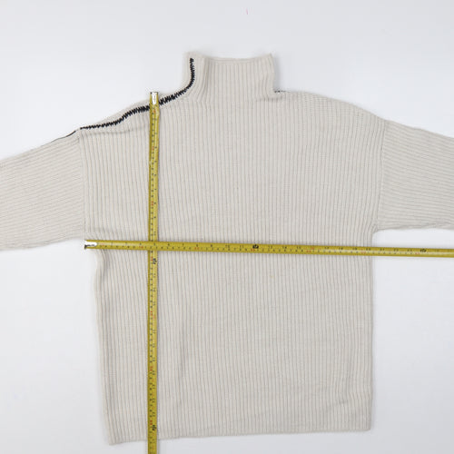 Marks and Spencer Women Ivory M Ribbed High Neck Jumper Contrast Trim