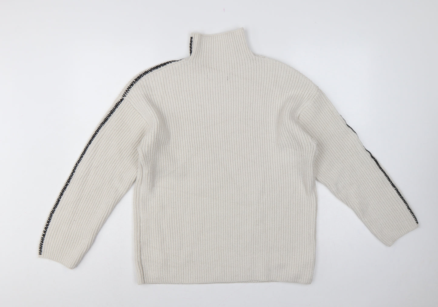 Marks and Spencer Women Ivory M Ribbed High Neck Jumper Contrast Trim