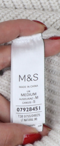 Marks and Spencer Women Ivory M Ribbed High Neck Jumper Contrast Trim