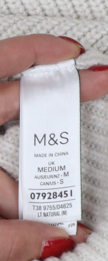 Marks and Spencer Women Ivory M Ribbed High Neck Jumper Contrast Trim