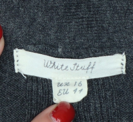 White Stuff Women’s Grey Merino Cotton V-Neck Henley Jumper UK 16