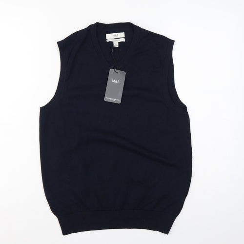 Marks and Spencer Men Blue S Pure Cotton V-Neck Knit Jumper Vest