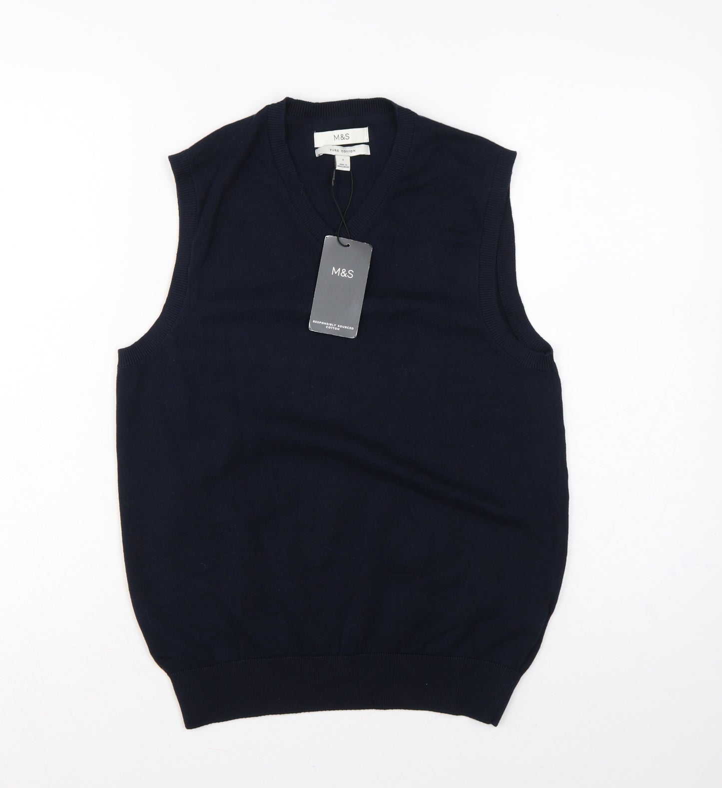 Marks and Spencer Men Blue S Pure Cotton V-Neck Knit Jumper Vest
