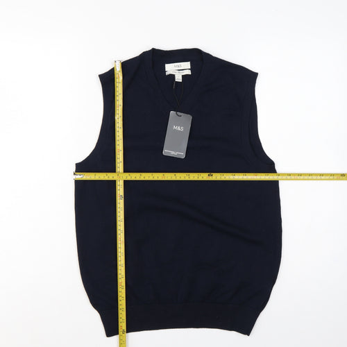 Marks and Spencer Men Blue S Pure Cotton V-Neck Knit Jumper Vest