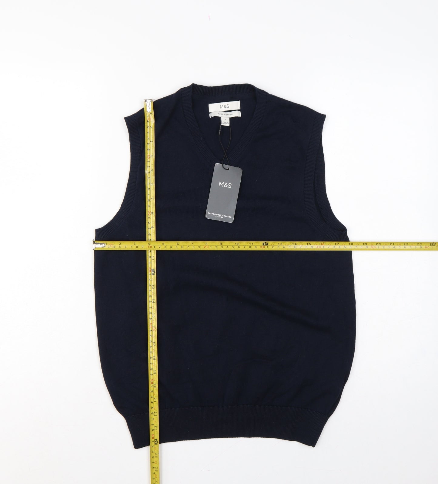 Marks and Spencer Men Blue S Pure Cotton V-Neck Knit Jumper Vest