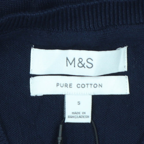 Marks and Spencer Men Blue S Pure Cotton V-Neck Knit Jumper Vest