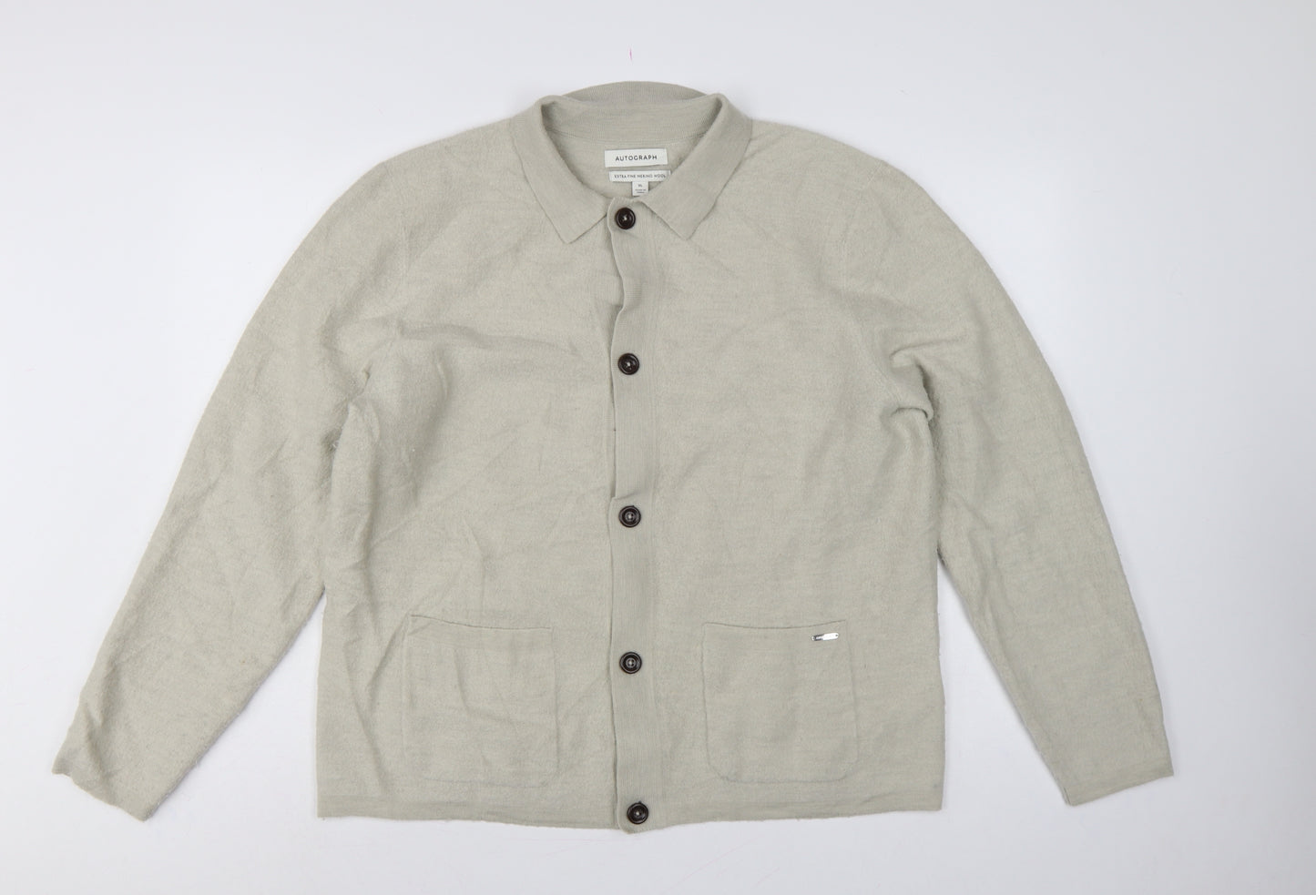 Autograph Men’s Beige XL Merino Wool Collared Button Cardigan
