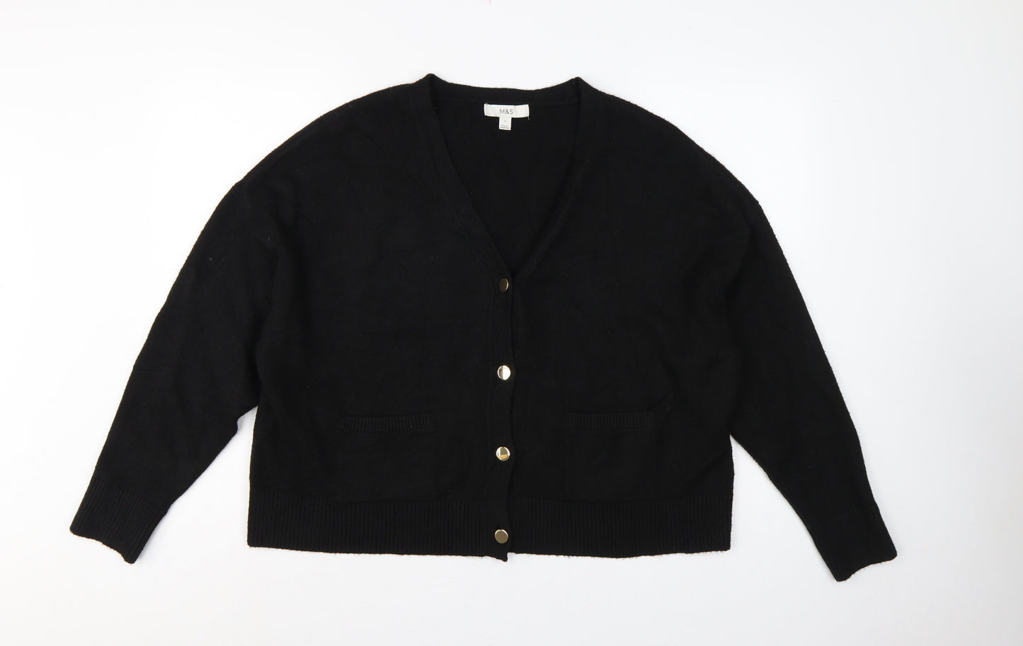 M&S Women’s Black L V-Neck Gold Button Pocket Knit Cardigan