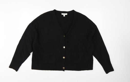 M&S Women’s Black L V-Neck Gold Button Pocket Knit Cardigan