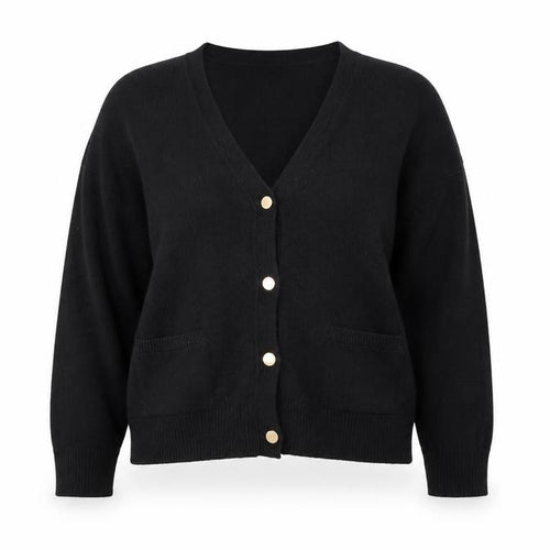 M&S Women’s Black L V-Neck Gold Button Pocket Knit Cardigan