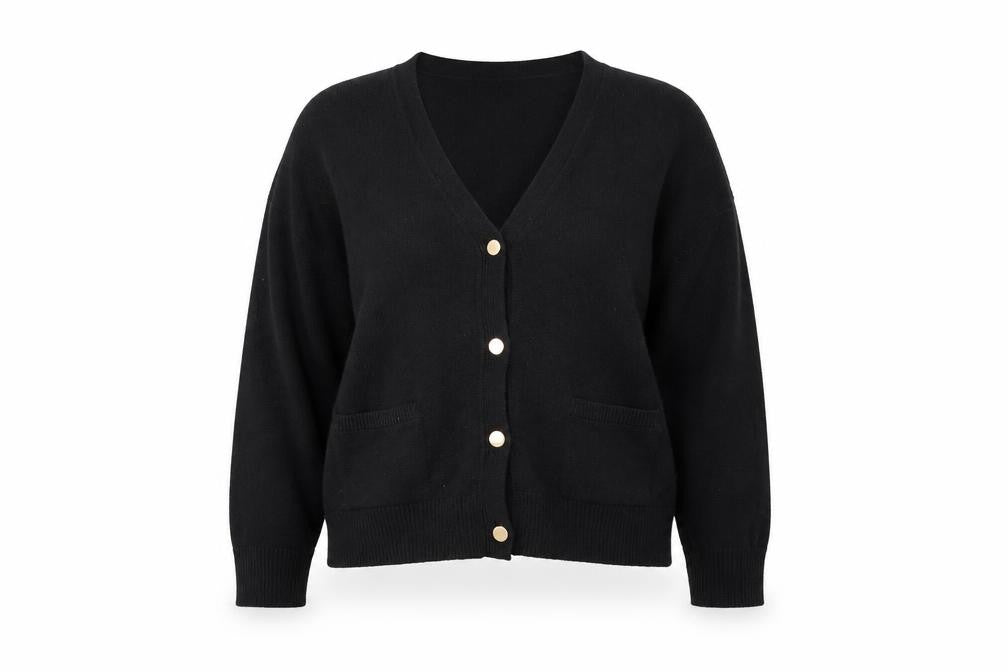M&S Women’s Black L V-Neck Gold Button Pocket Knit Cardigan