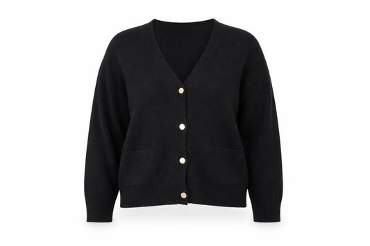 M&S Women’s Black L V-Neck Gold Button Pocket Knit Cardigan