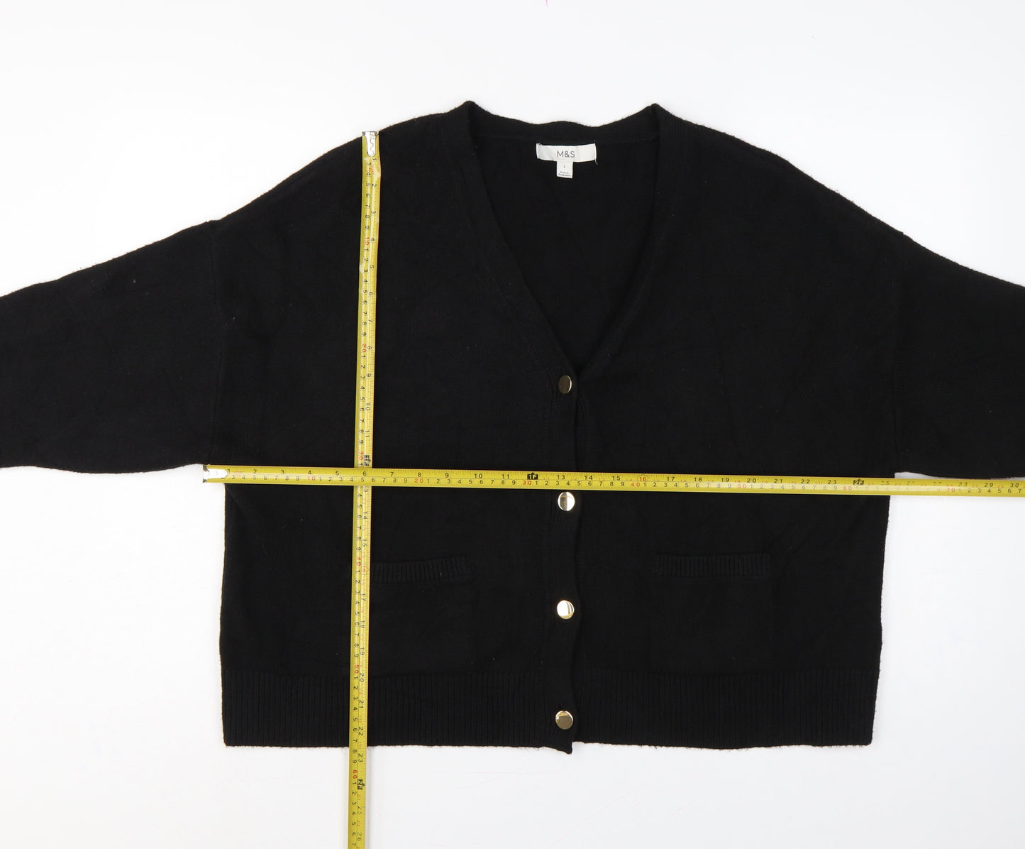 M&S Women’s Black L V-Neck Gold Button Pocket Knit Cardigan