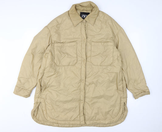 Zara Women Beige M Padded Oversized Mid-Length Snap Jacket