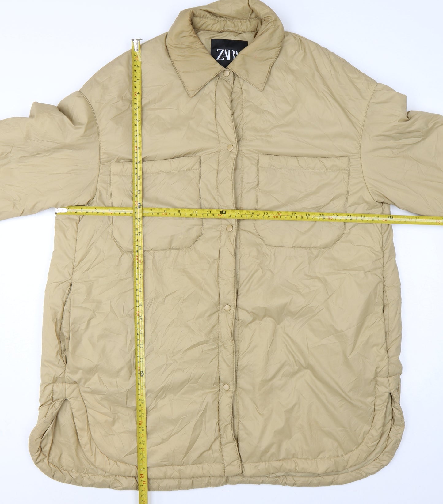 Zara Women Beige M Padded Oversized Mid-Length Snap Jacket