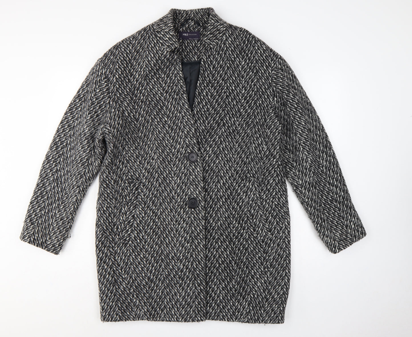 Marks and Spencer Women Grey Herringbone Wool Blend Overcoat UK 12