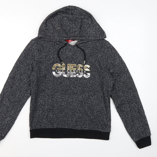 Guess Women’s Grey Marl Logo Hoodie UK 14 M Pullover Drawstring